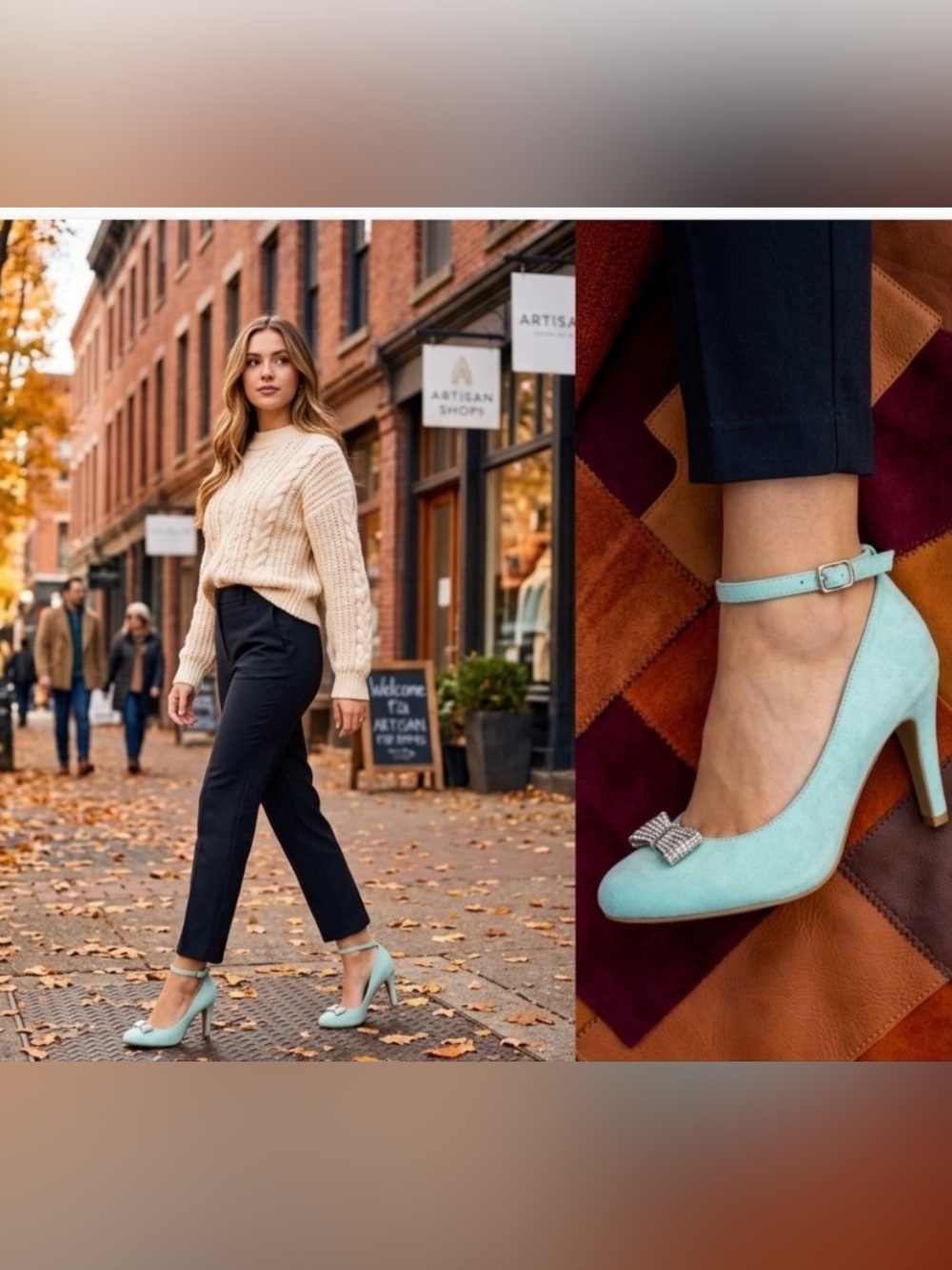 BAMBOO Retro Mint Blue Suede
Ankle Strap Heels Rhinestone Bow Sz
7- Rockabilly